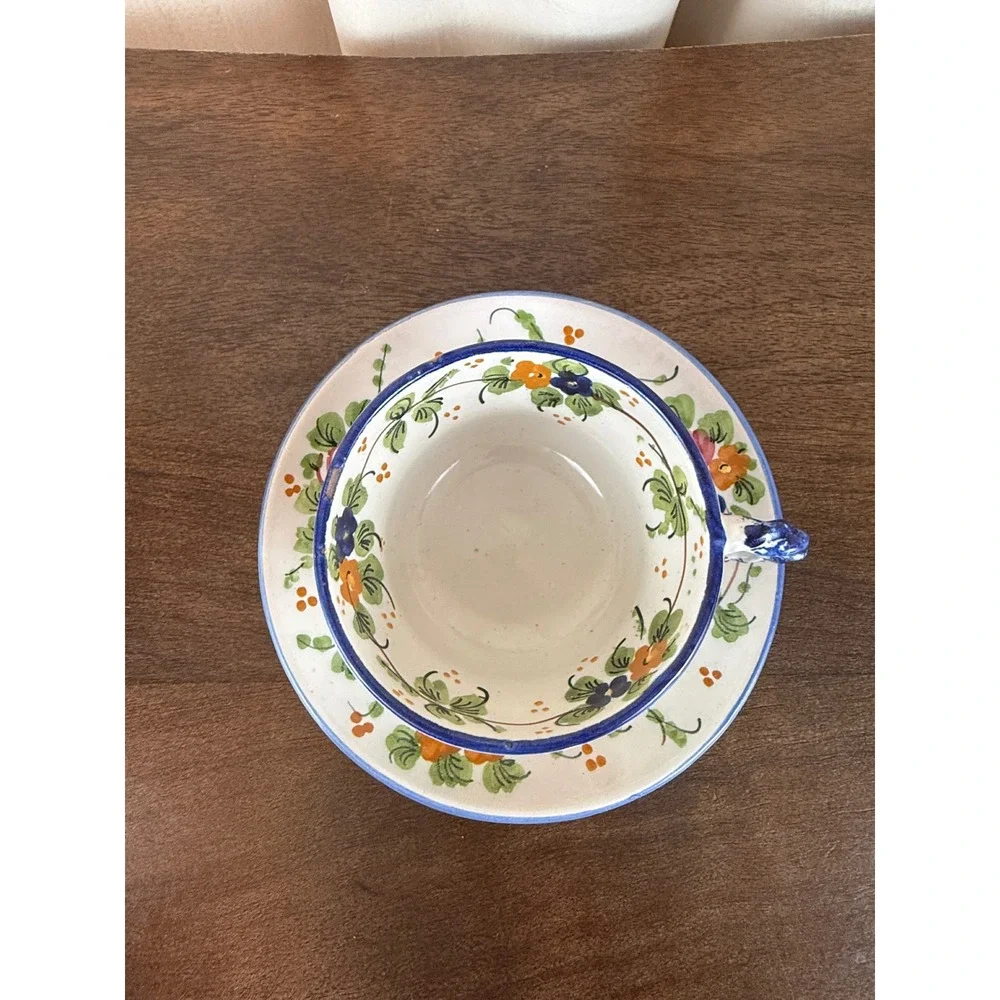 Vintage Majolica Italy Floral Stoneware Teacups and Saucers Set‎ of SIX (6)
